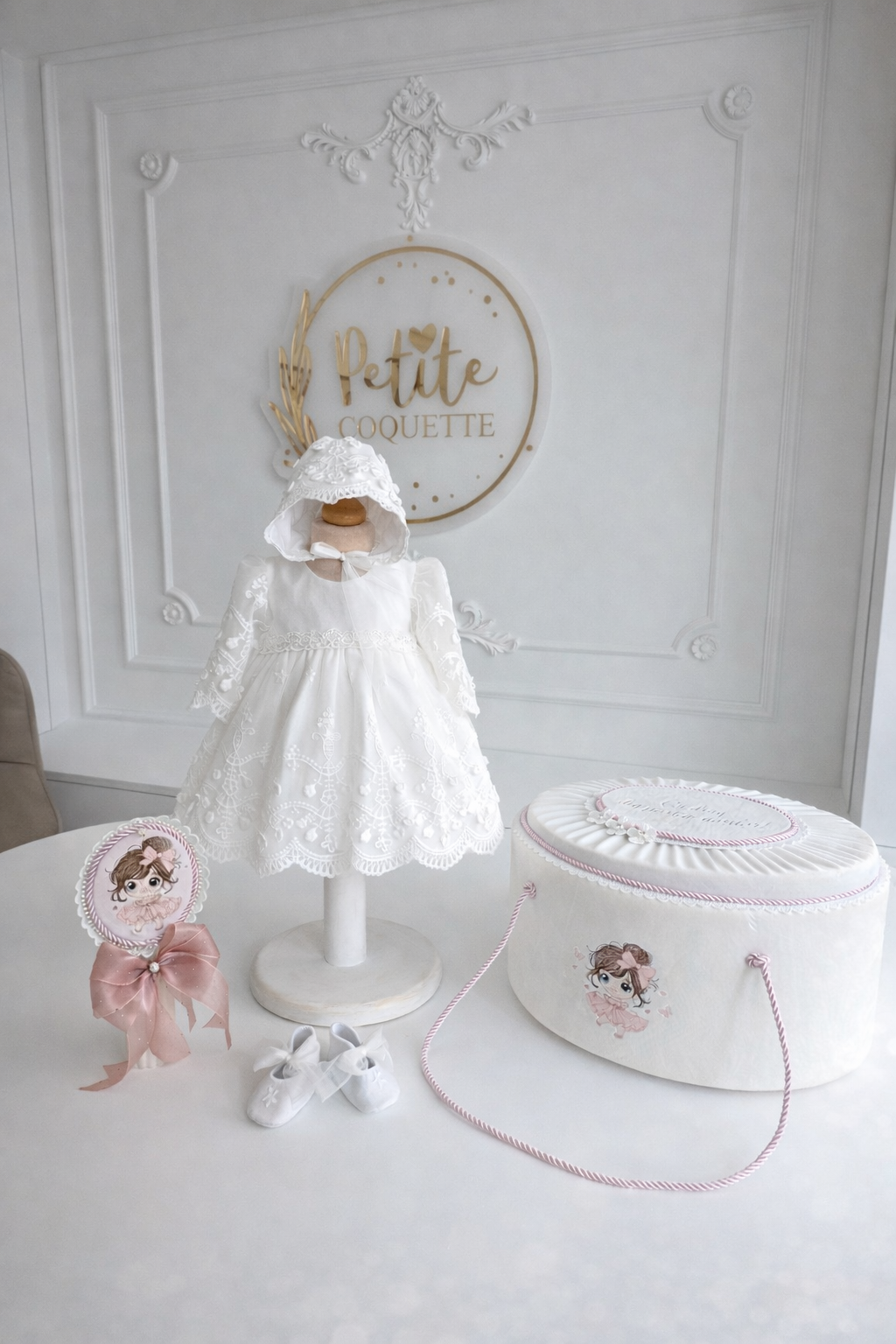 Set complet botez fetiță Poema – trusou elegant cu rochiță, lumânare și cufăr personalizat