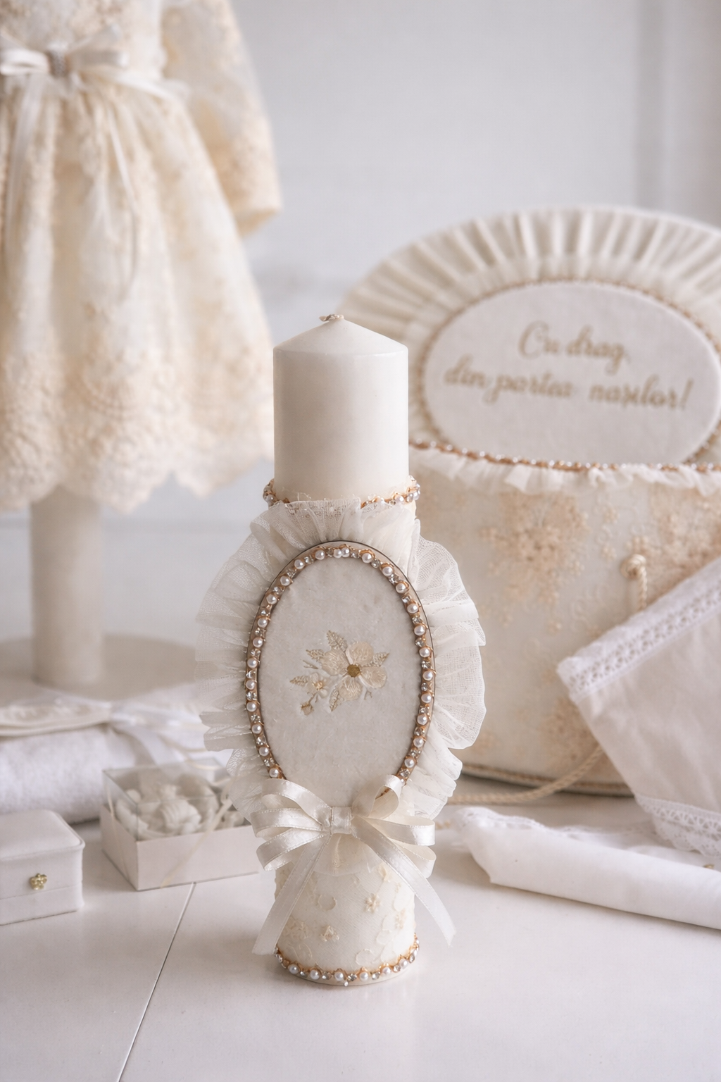 Set complet de botez fetițe Ophelia – trusou complet cu rochiță, lumânare și cufăr personalizat