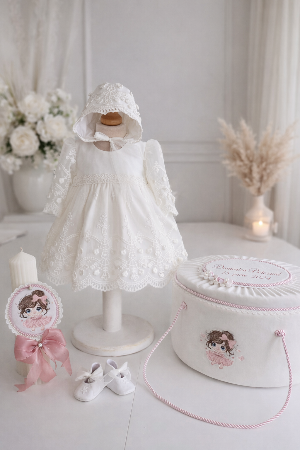 Rochiță botez fetiță Poema – rochie ivoire elegantă din dantelă cu aplicații 3D