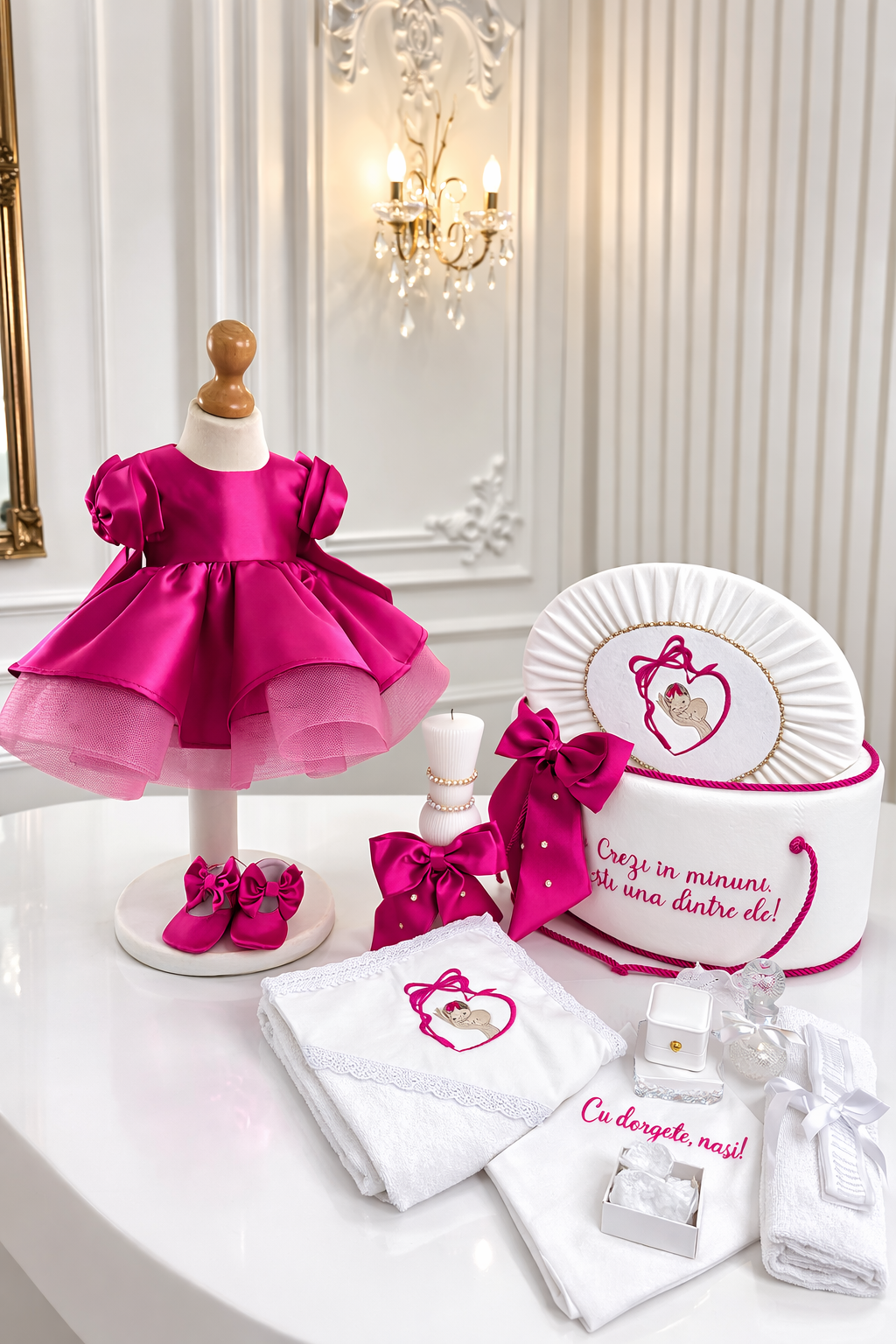 Set Complet Botez Fetiță Diva Fucsia – Rochiță, Trusou și Lumânare | Colecție Privată