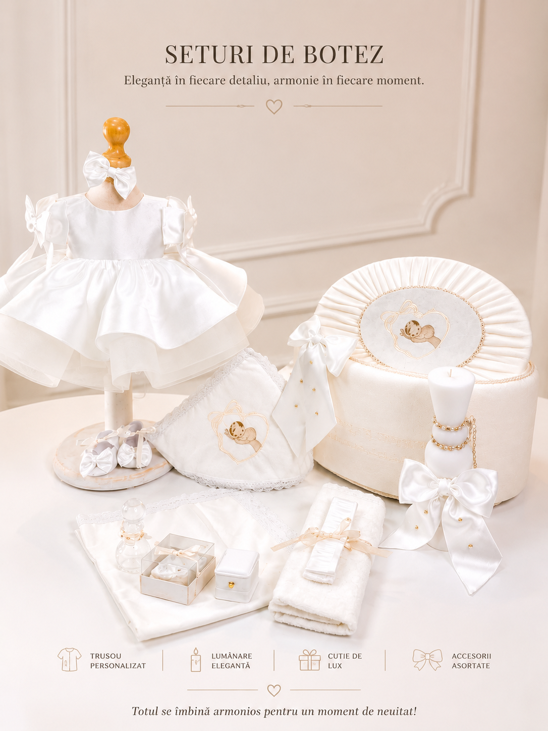 Set Complet Botez Fetiță Diva White – Rochiță, Trusou și Lumânare | Colecție Privată
