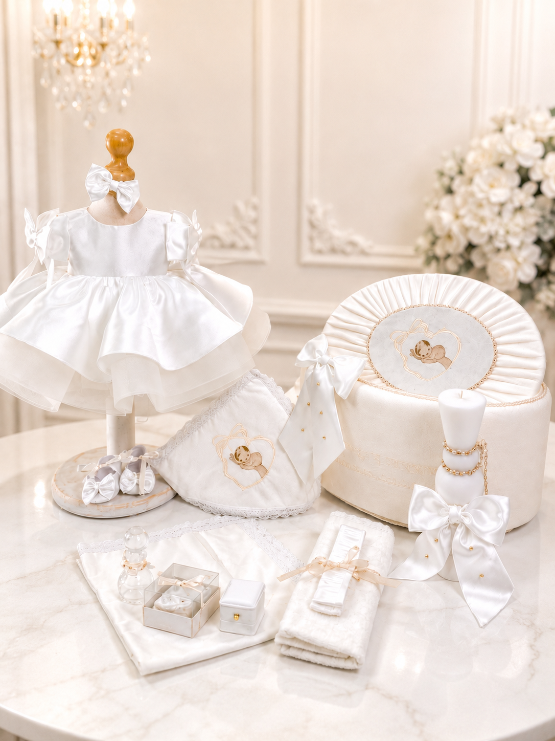 Set Complet Botez Fetiță Diva White – Rochiță, Trusou și Lumânare | Colecție Privată