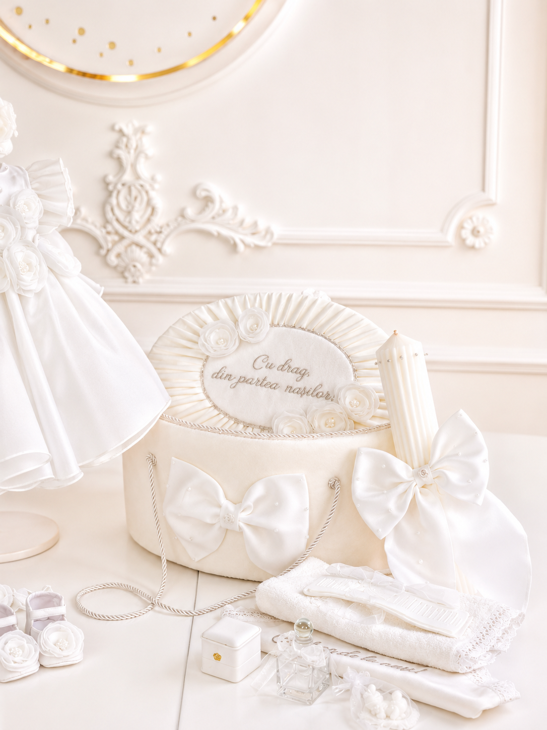 Set Complet Botez Fetiță Ivoire Personalizat - Rosalie– Privet Collection | Rochiță, Trusou și Lumânare