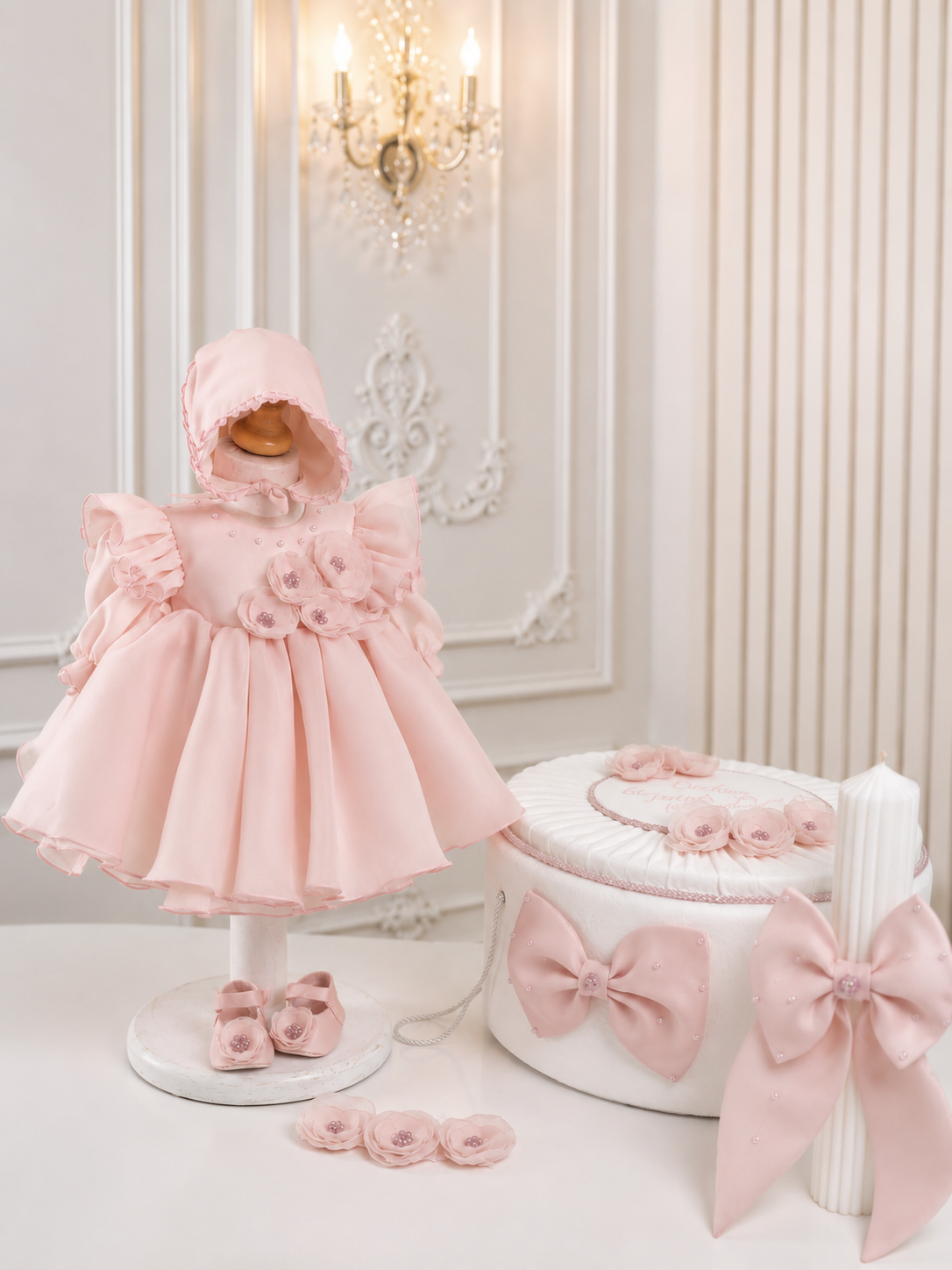 Set Complet Botez Fetiță Roz Pudrat Personalizat - Rosalie– Privet Collection | Rochiță, Trusou și Lumânare