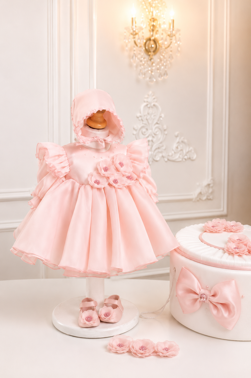 Set Complet Botez Fetiță Roz Pudrat Personalizat - Rosalie– Privet Collection | Rochiță, Trusou și Lumânare