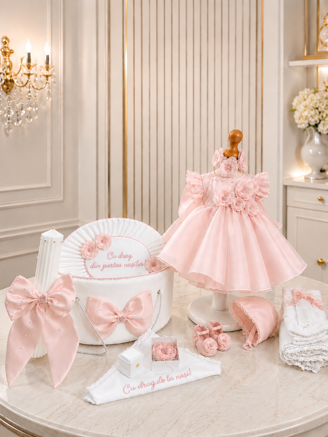 Set Complet Botez Fetiță Roz Pudrat Personalizat - Rosalie– Privet Collection | Rochiță, Trusou și Lumânare