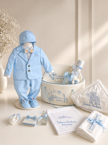 Set complet botez  băieți  personalizat ,,Baby Dior": trusou+costumaș+ lumânare