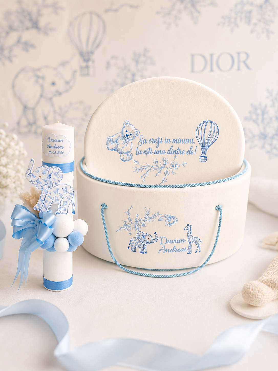 Lumânare botez băiețel Baby Dior  din parafină, personalizată