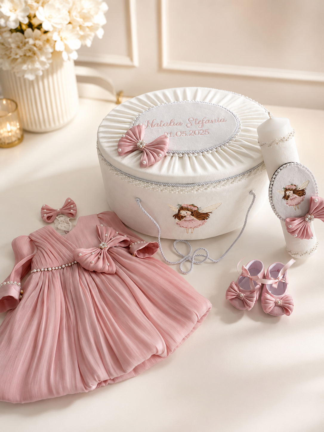 Set complet botez fetiță roz pudră Sienna- Trusou+rochiță +lumânare