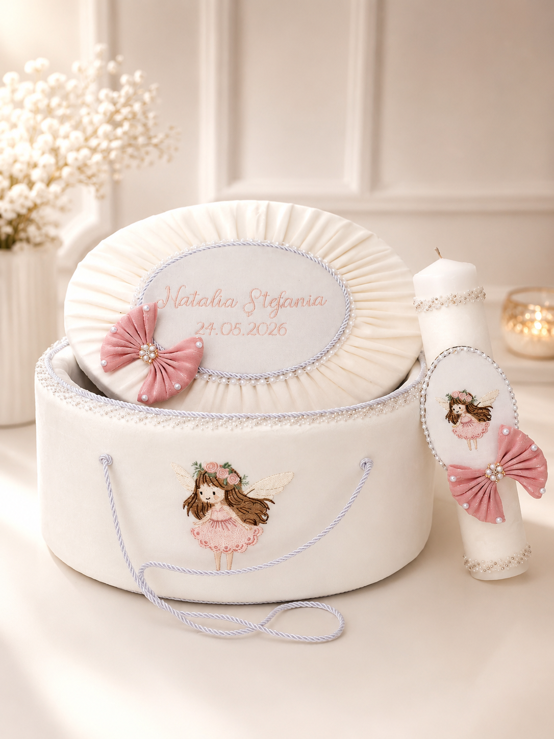 Set complet botez fetiță roz pudră Sienna- Trusou+rochiță +lumânare