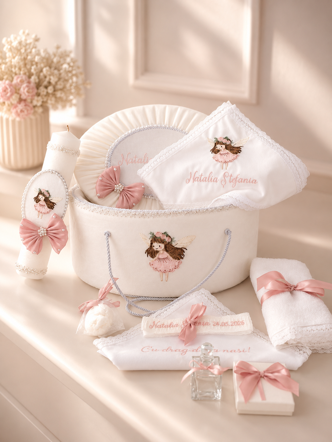 Set complet botez fetiță roz pudră Sienna- Trusou+rochiță +lumânare