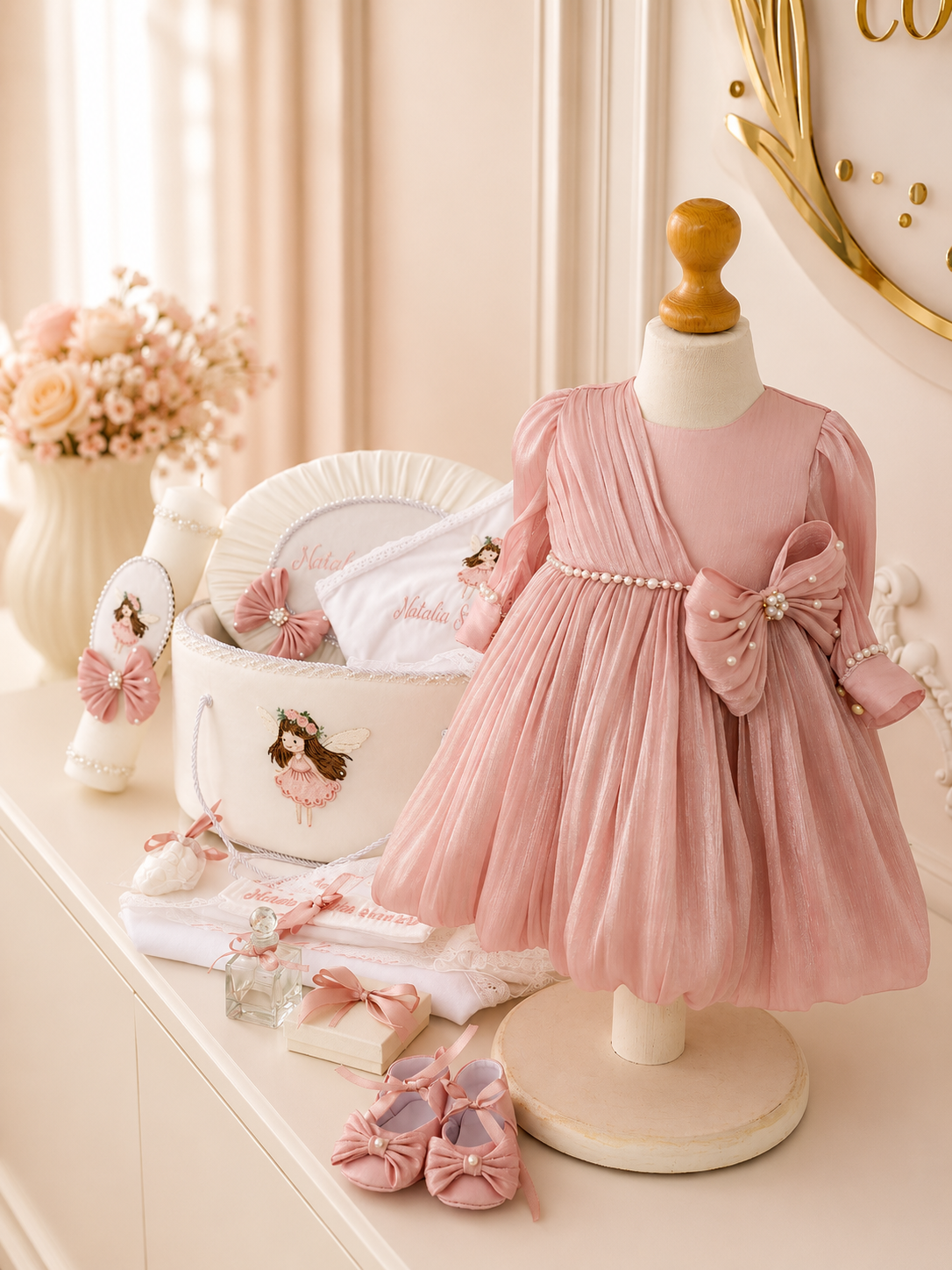 Set complet botez fetiță roz pudră Sienna- Trusou+rochiță +lumânare