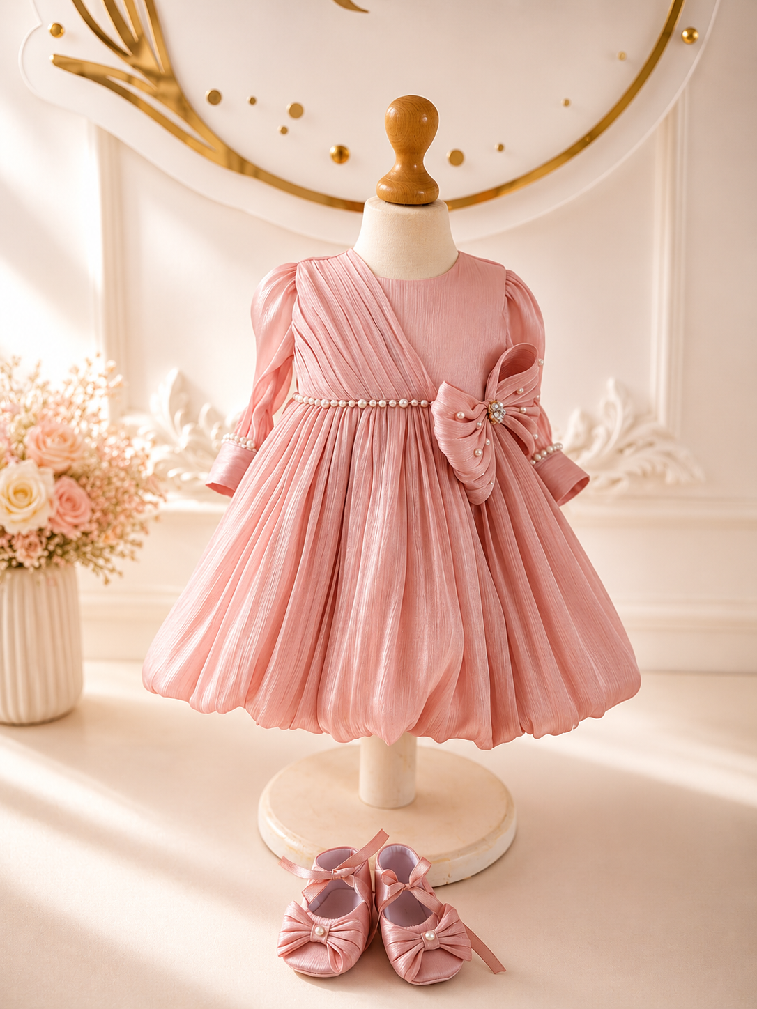 Set complet botez fetiță roz pudră Sienna- Trusou+rochiță +lumânare