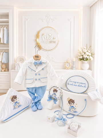 Set Complet Botez Băieți Matei – Trusou Personalizat, Lumânare și Costum din In Bleu