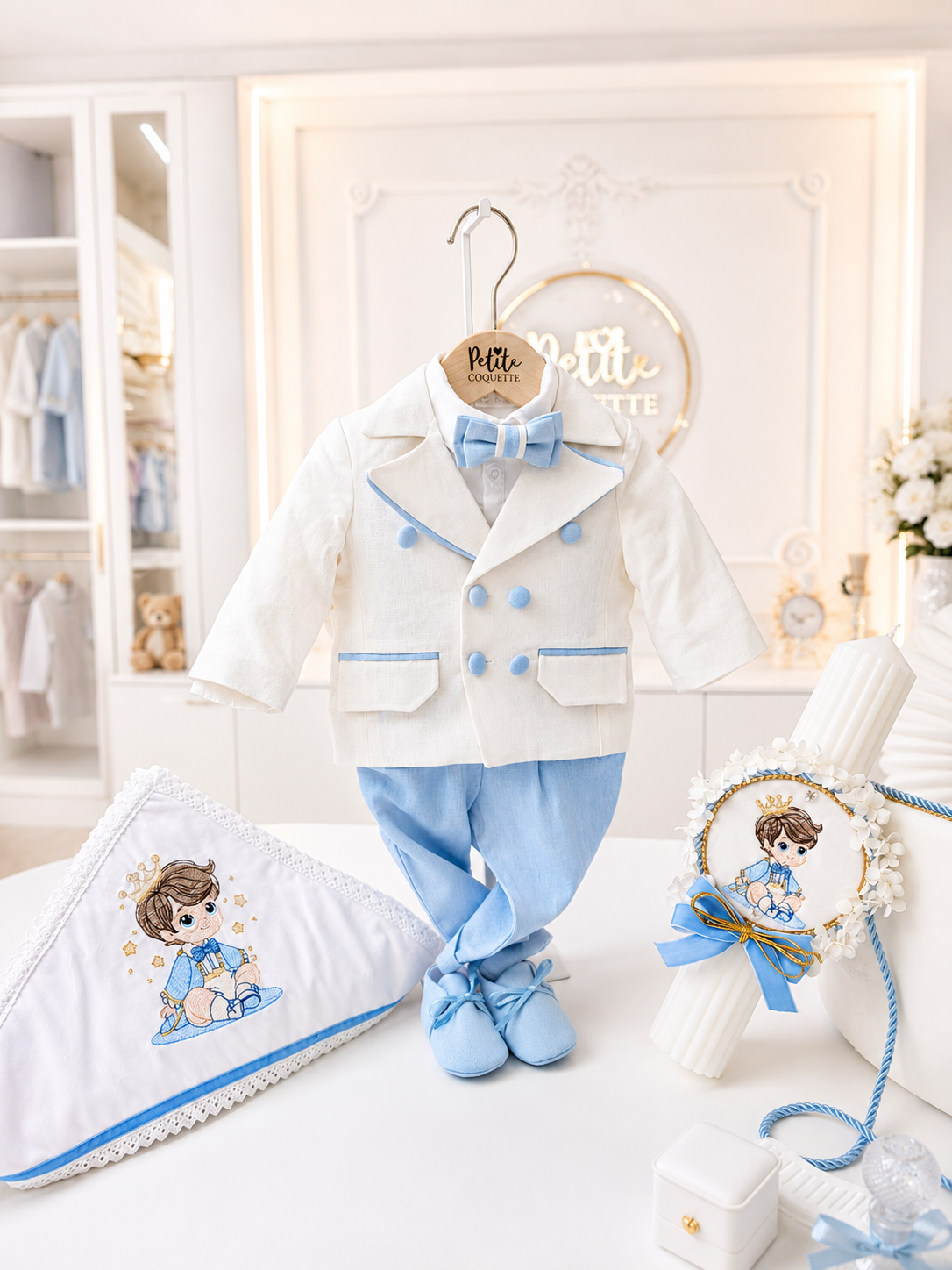 Set Complet Botez Băieți Matei – Trusou Personalizat, Lumânare și Costum din In Bleu