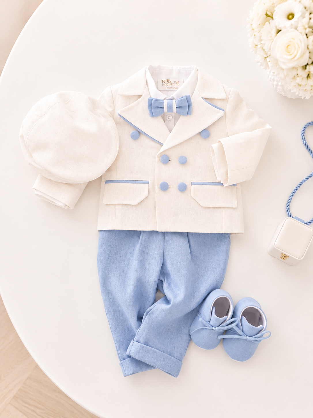 Set Complet Botez Băieți Matei – Trusou Personalizat, Lumânare și Costum din In Bleu