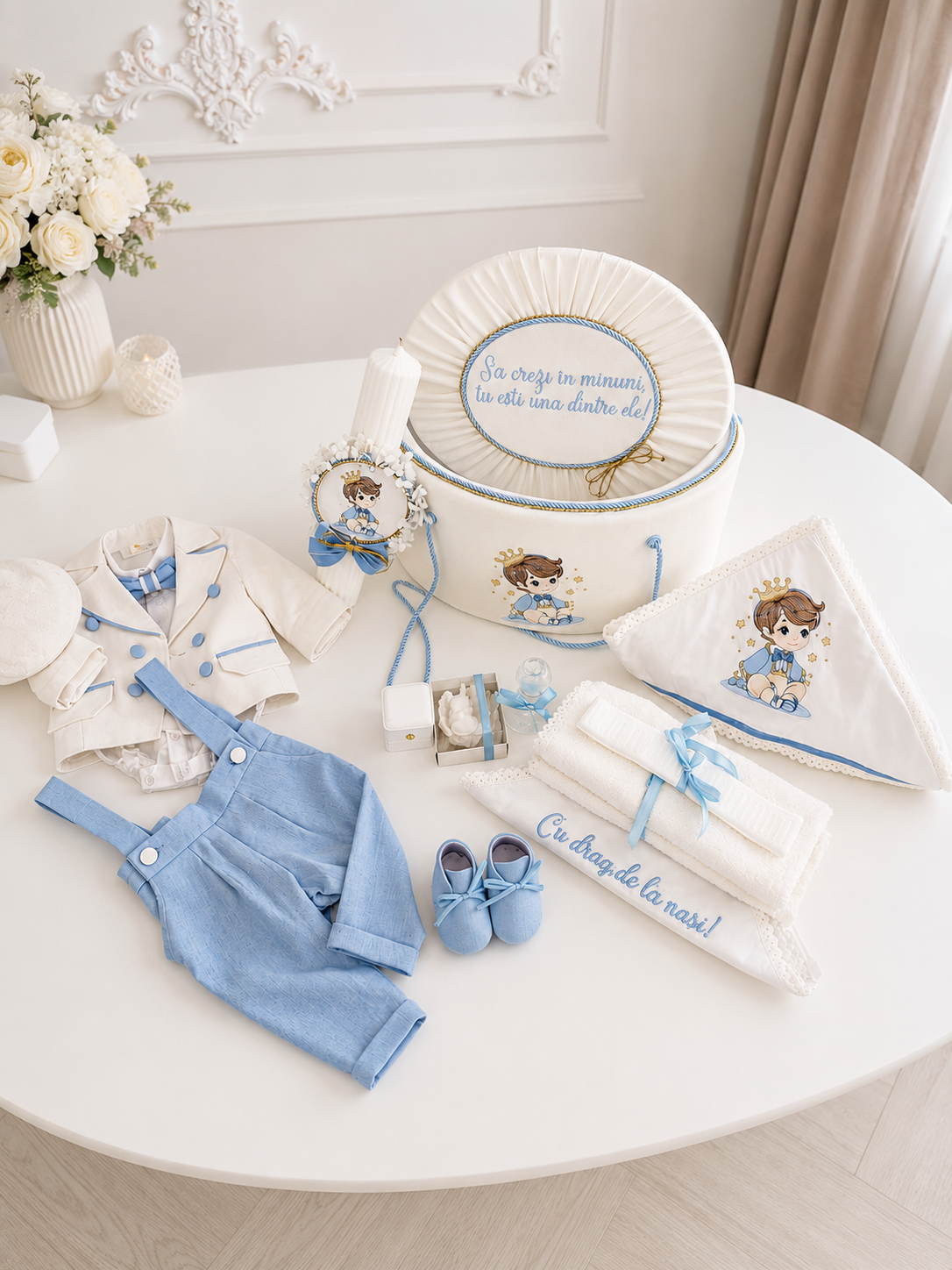 Set Complet Botez Băieți Matei – Trusou Personalizat, Lumânare și Costum din In Bleu