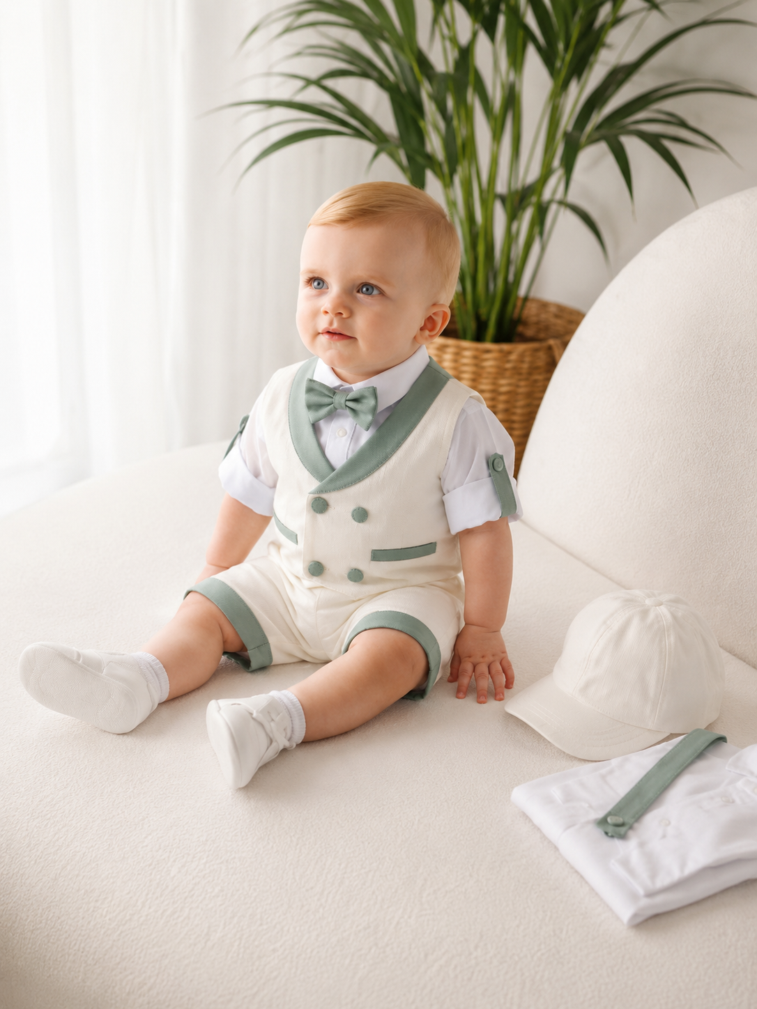 Costumaș Henry din In Premium alb/verde salvie pentru Botez și Evenimente Speciale | Petite Coquette
