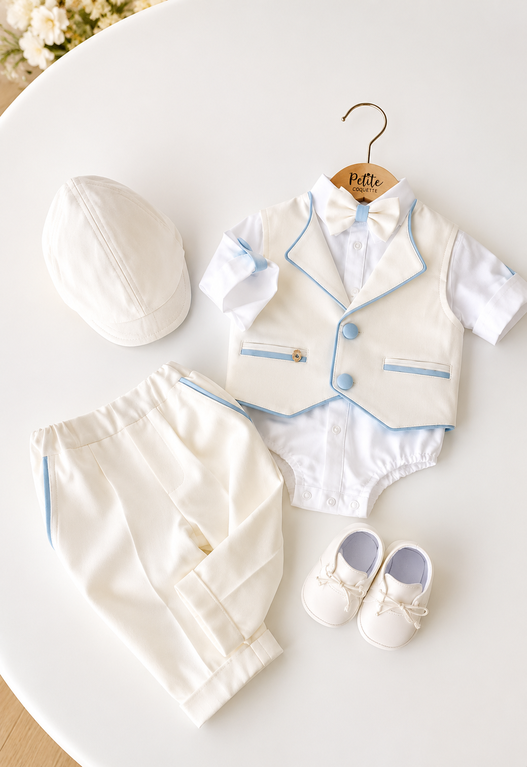 Set Botez Băiat Oscar ivoire/baby blue – Costum Elegant, Trusou Personalizat și Lumânare