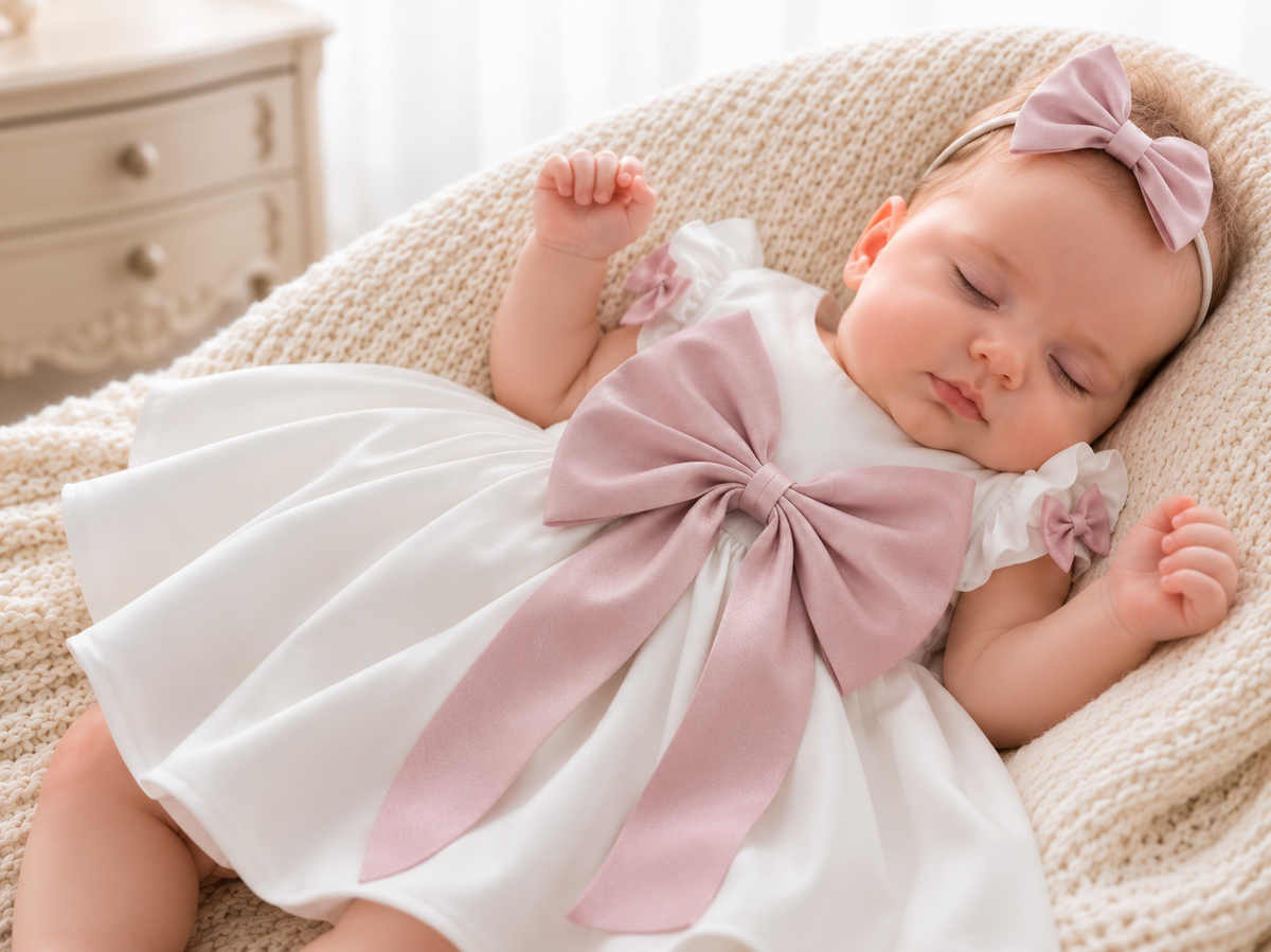Rochița Alana – rochiță elegantă albă cu fundă roz pudrat