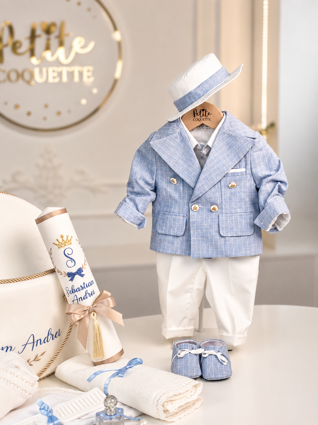 Set complet botez băiat Moretti  – costumaș, trusou și lumânare personalizată