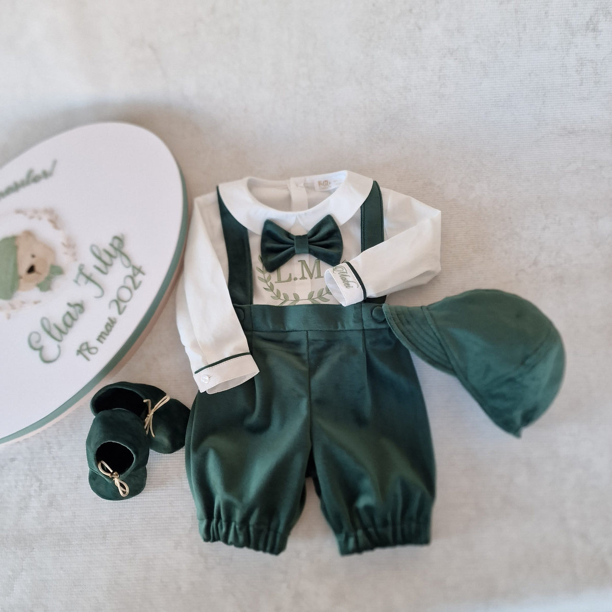 Costumaș botez pentru băieți Nandy Green Velvet