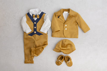 Costumaș botez pentru băieți Classical Velvet Mustard