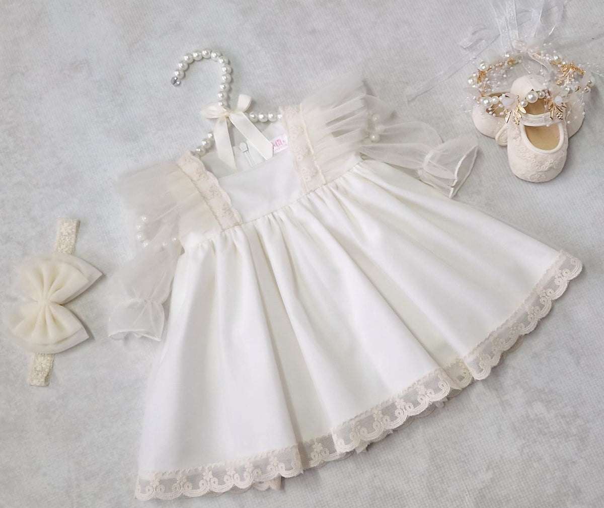 Rochiță roz pudră botez Amelie Pouder Pink
