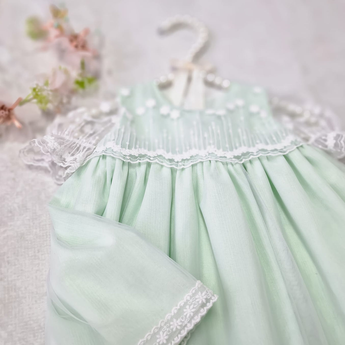 Rochiță verde menta botez Camille