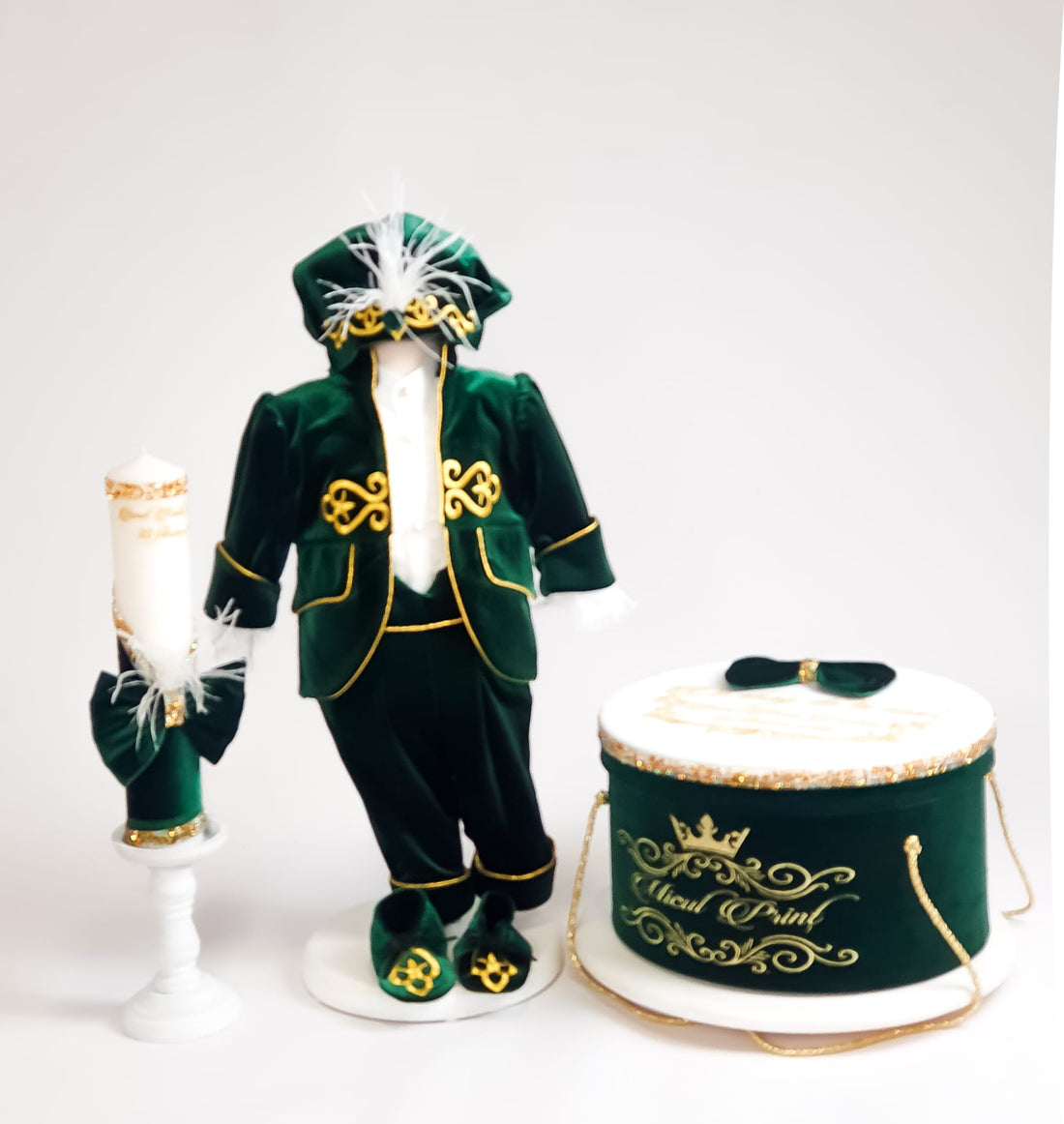 Set complet botez băieți - Costum botez + Trusou + Lumanare -tematica Micul Prinț  Green Velveth