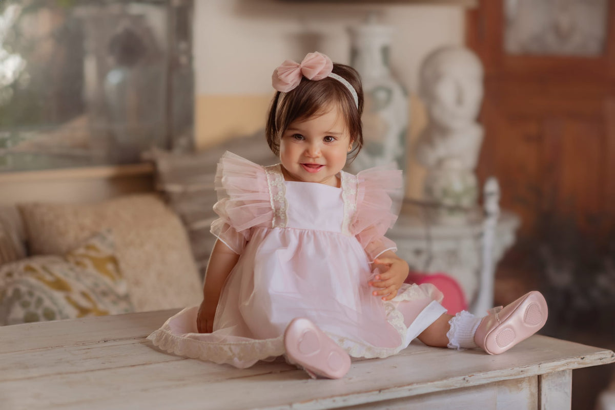 Rochiță roz pudră botez Amelie Pouder Pink