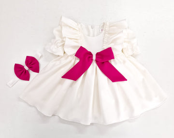 Rochiță botez ivoire cu funda magenta  Barbi