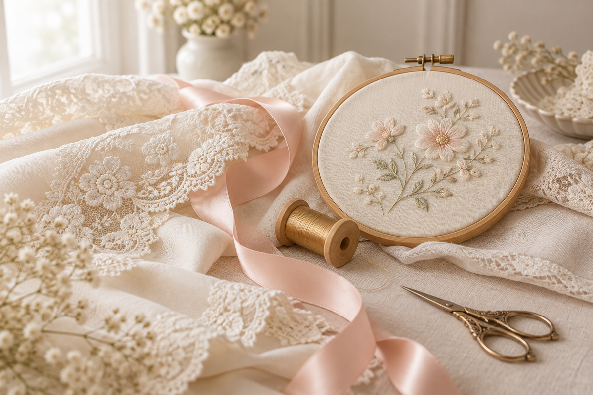Compoziție editorială cu dantelă ivoire, panglică roz pudrat și broderie florală.