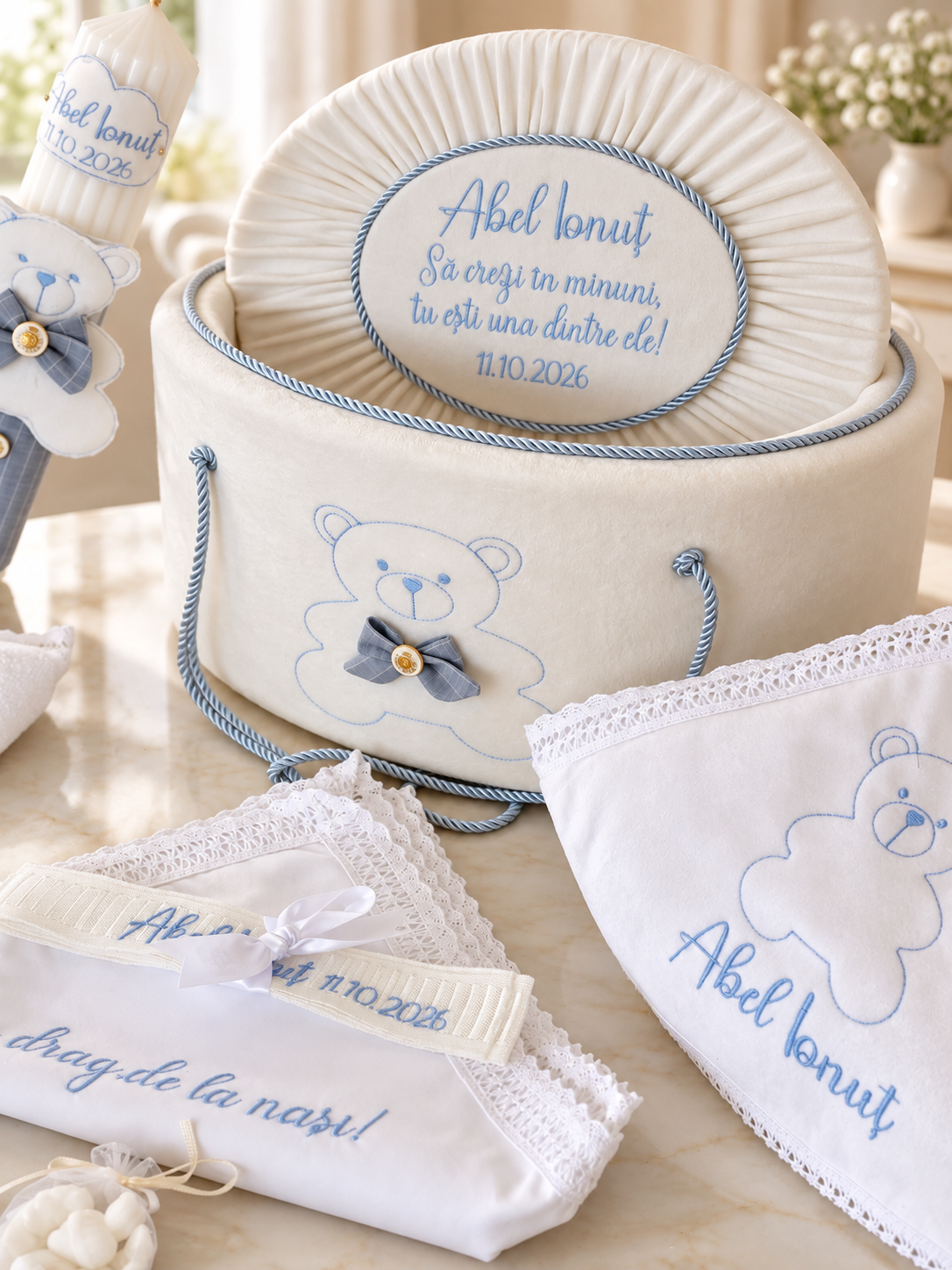 Trusou botez băieți personalizat cu ursuleț – fără lumânare