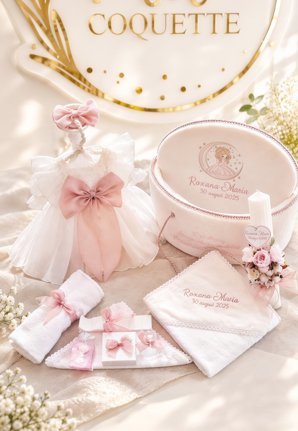Set Complet Botez Fetiță Nuvolla  Rochiță +Trusou Personalizat +Lumanare
