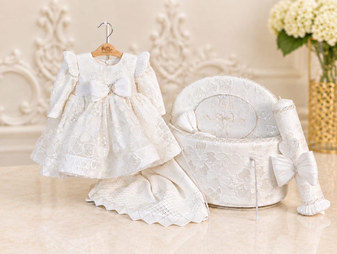 Rochiță de botez Melina cu dantelă și fundiță
