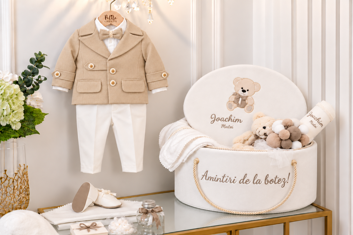 Set complet botez băieți Aaron- cufar buretat cu tematica ursuleț+ costum elegant + lumânare