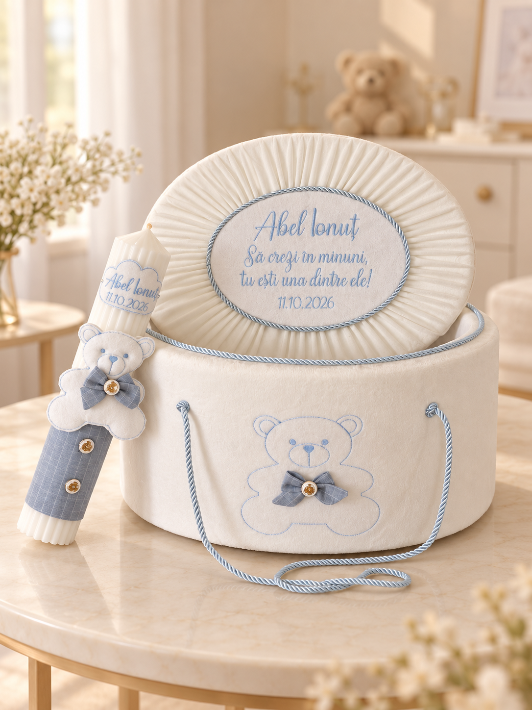 Trusou botez băieți personalizat cu ursuleț – fără lumânare