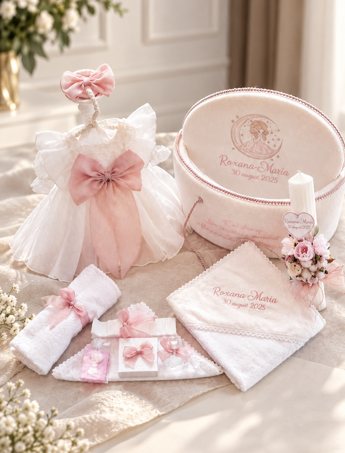 Set Complet Botez Fetiță Nuvolla  Rochiță +Trusou Personalizat +Lumanare