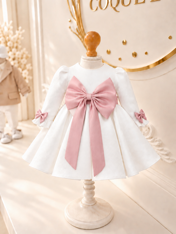 Rochița Alana – rochiță elegantă albă cu fundă roz pudrat