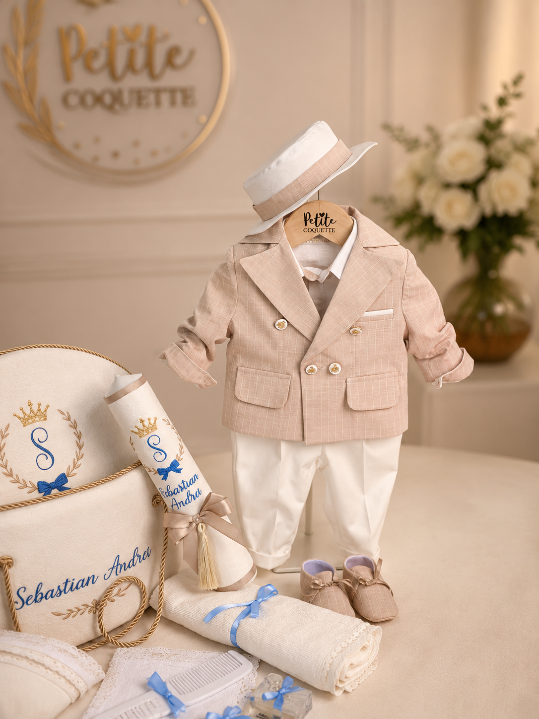 Set complet botez băiat Moretti  – costumaș, trusou și lumânare personalizată