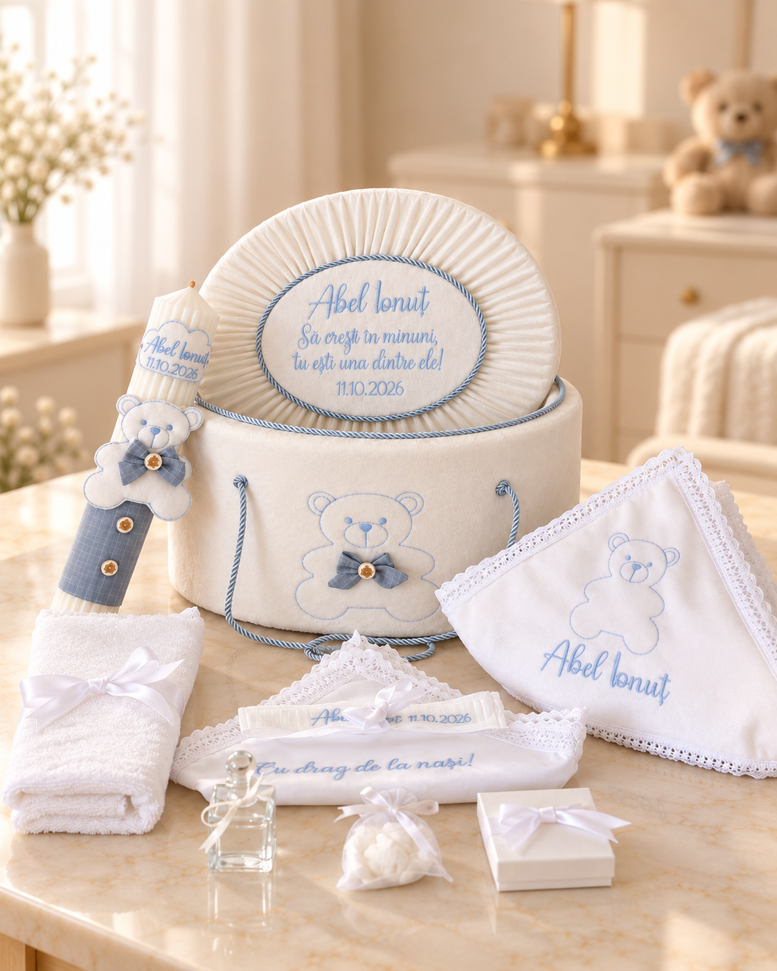 Trusou botez băieți personalizat cu ursuleț – fără lumânare