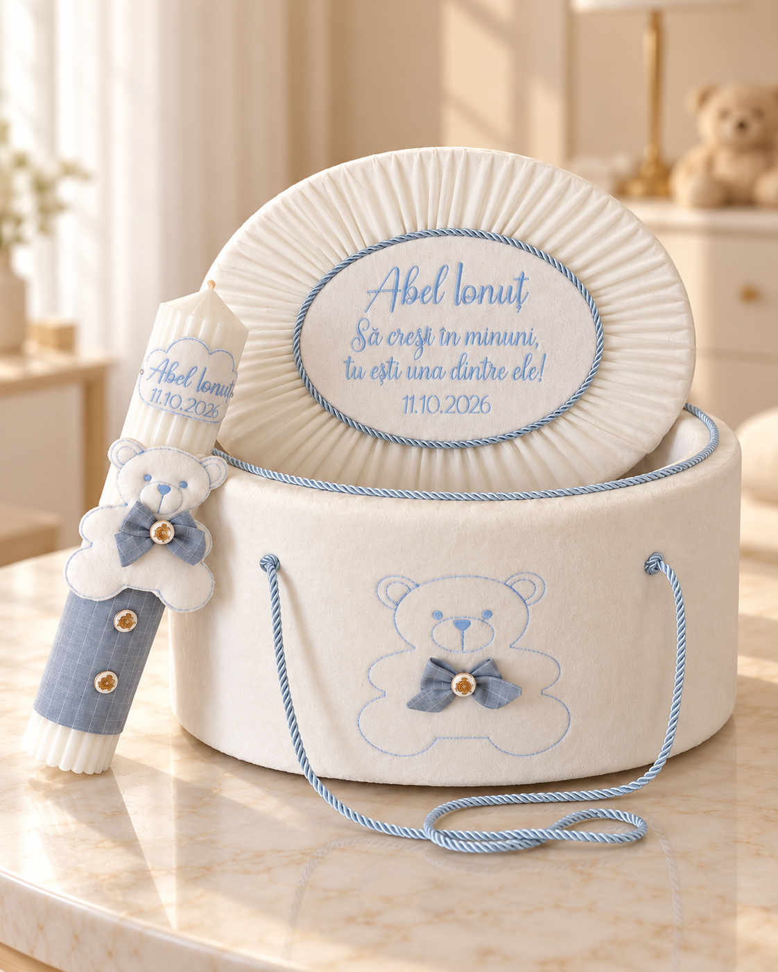 Trusou botez băieți personalizat cu ursuleț – fără lumânare