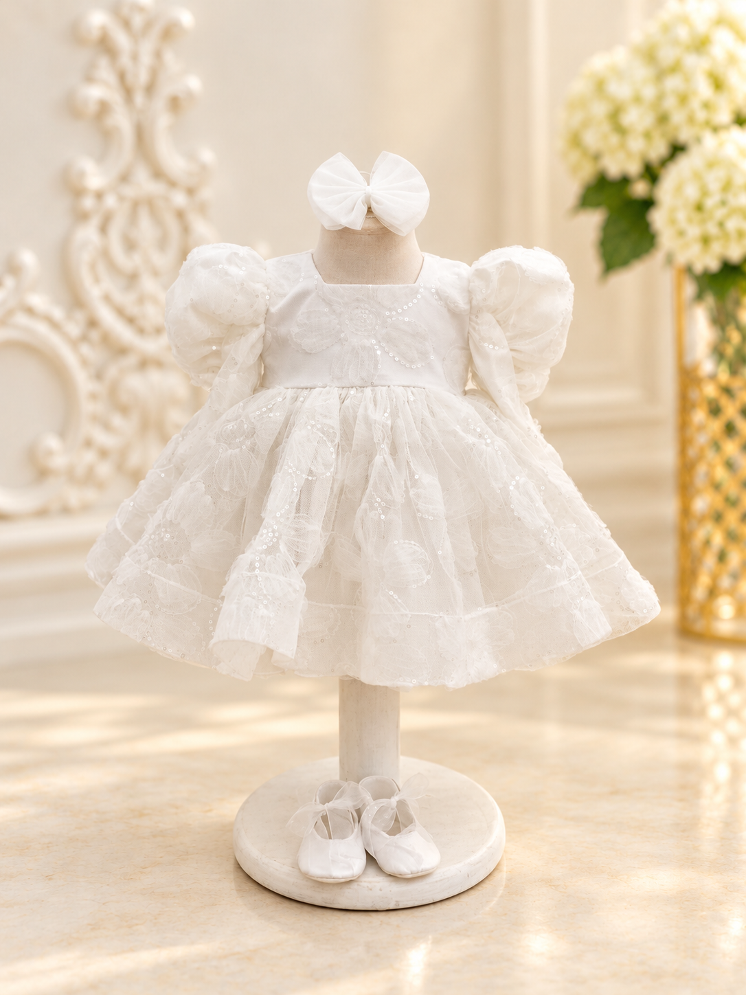 Rochiță de botez Sisi – dantelă florală și paiete delicate