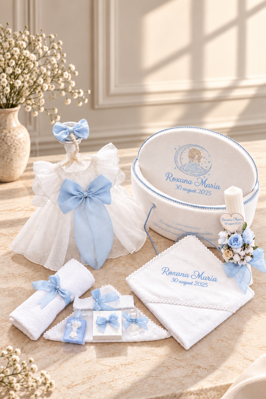 Set Complet Botez Fetiță Nuvolla  Rochiță +Trusou Personalizat +Lumanare