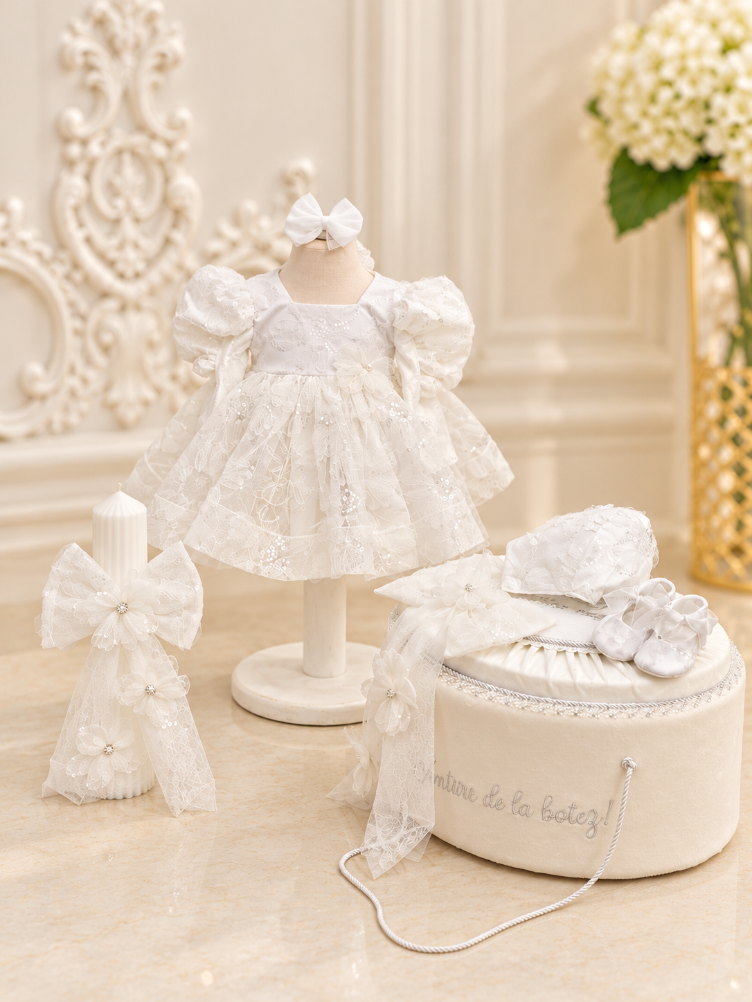 Rochiță de botez Sisi – dantelă florală și paiete delicate