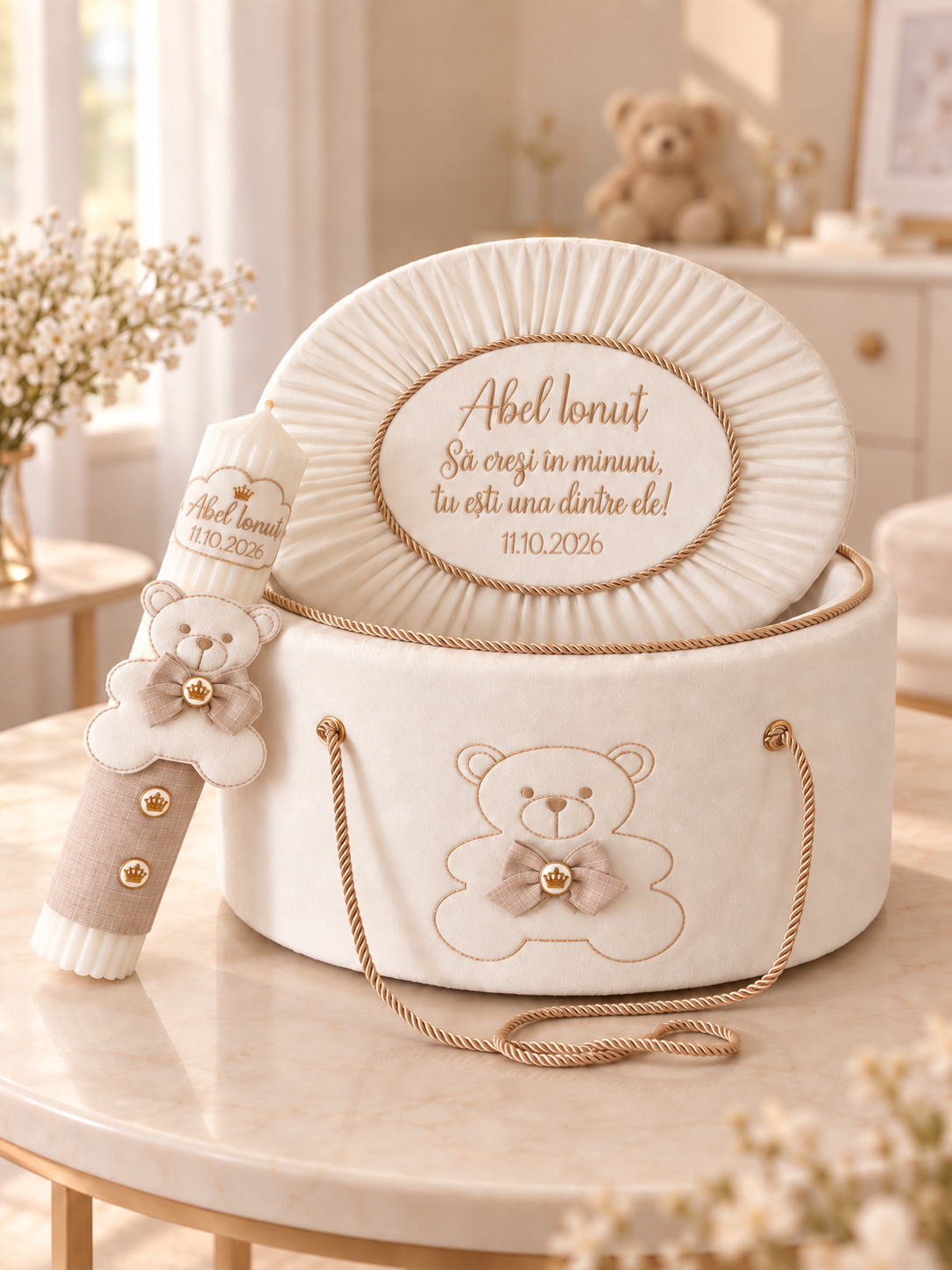 Lumânare botez băieți personalizată prin broderie, ursuleț cu papion