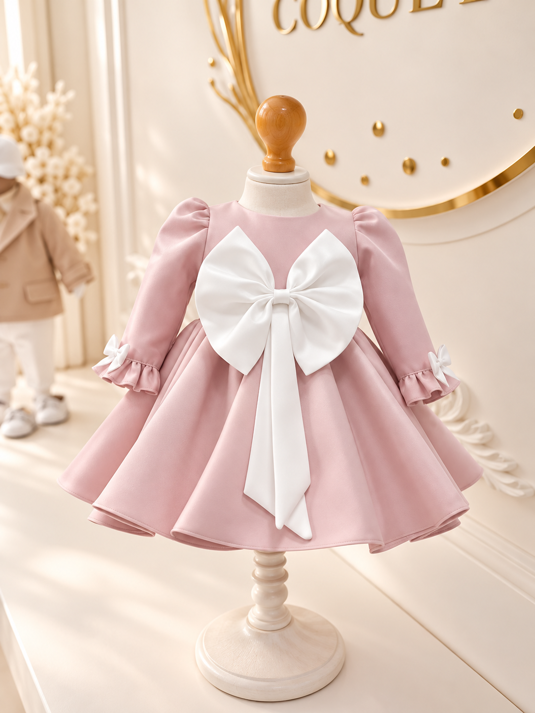 Rochița Alana – rochiță elegantă albă cu fundă roz pudrat