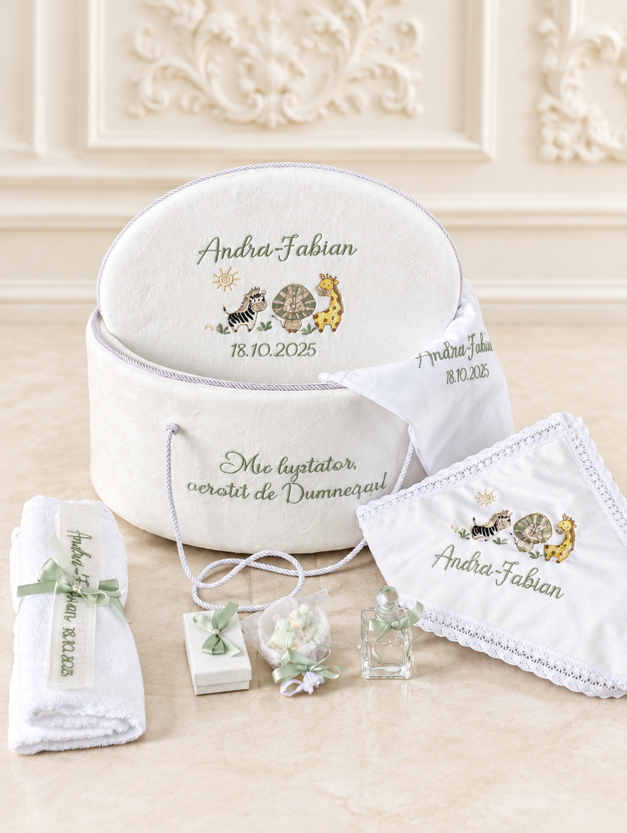 Set complet botez băiat Ursuleț cu Baloane -Vis de catifea  – costumaș, trusou și lumânare personalizată
