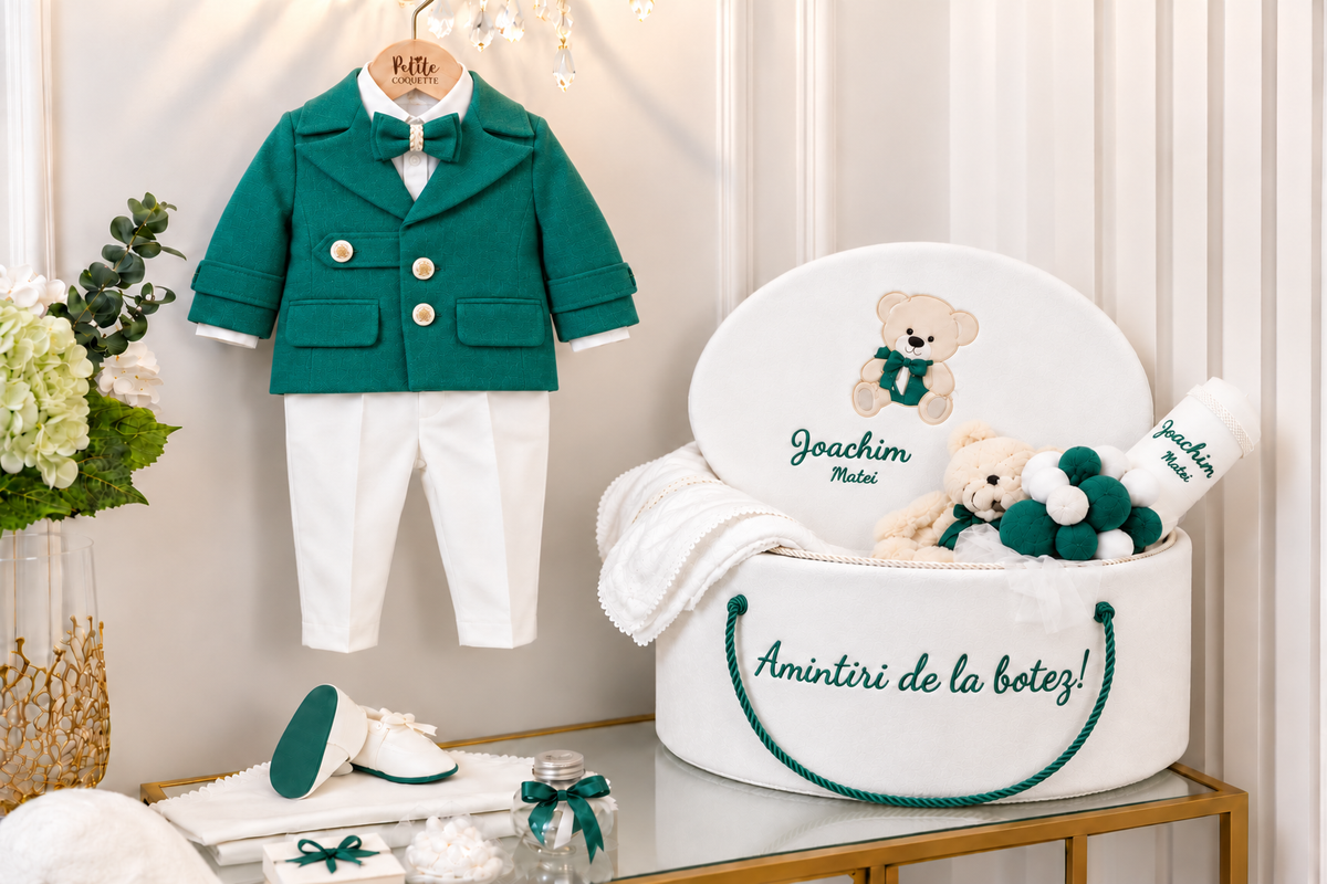 Set complet botez băieți Aaron- cufar buretat cu tematica ursuleț+ costum elegant + lumânare